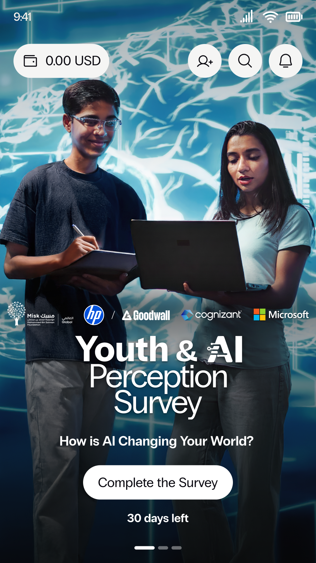 Goodwall in-app Youth & AI Perception Survey screen